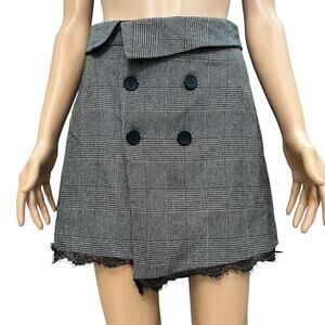 Zara Checkered Mini Wrap Skirt Small Button Lace Trim Asymmetrical Hem Fold Over